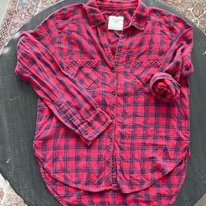 Abercrombie - Women's Long Sleeve Boyfriend Cotton Flannel-Red and Blue Check- L